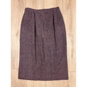 Bretton Place Vintage 100% Pure Wool Plaid Tweed Pencil Skirt Burgundy 28" Small
